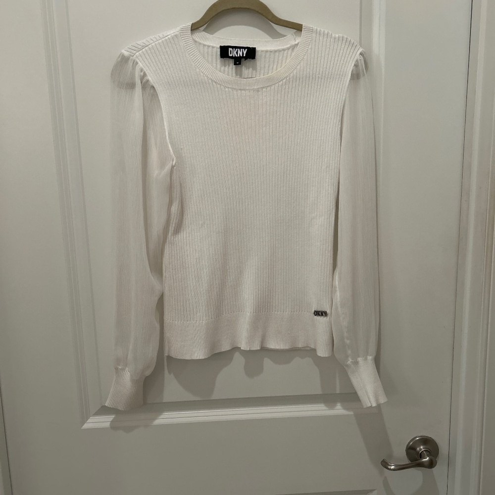 DKNY off white sweater top with sheer long sleeves, size M
